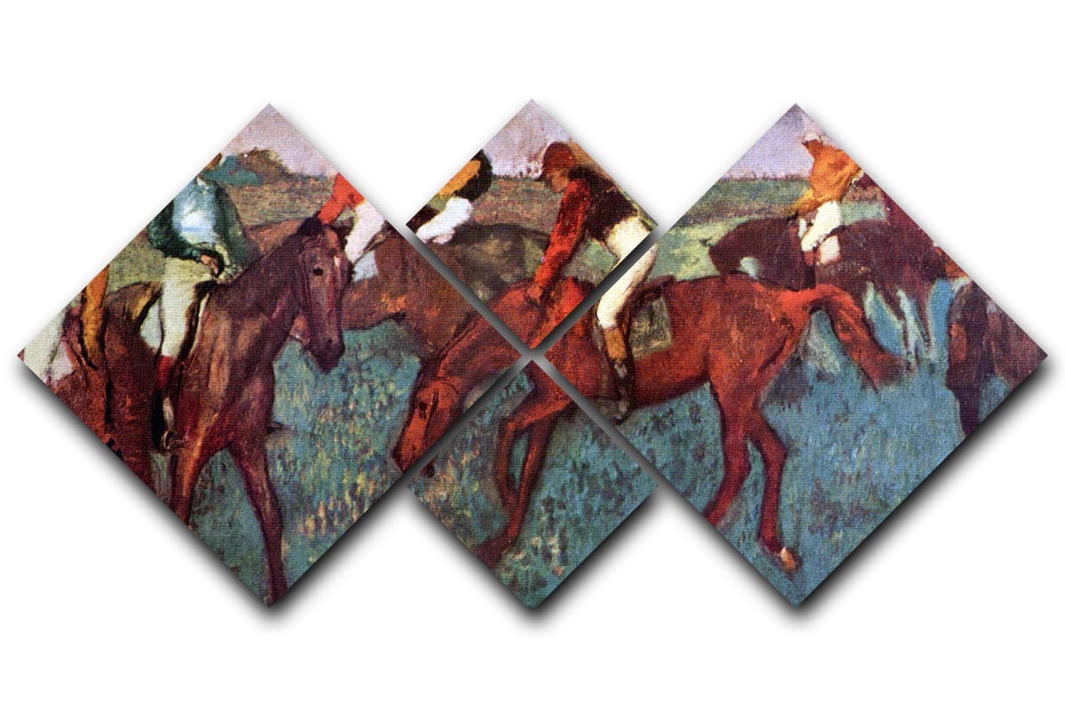 4-square multi-panel canvas art featuring Degas' 'Before the Start' depicting jockeys in training, showcasing vibrant colors and dynamic movement.